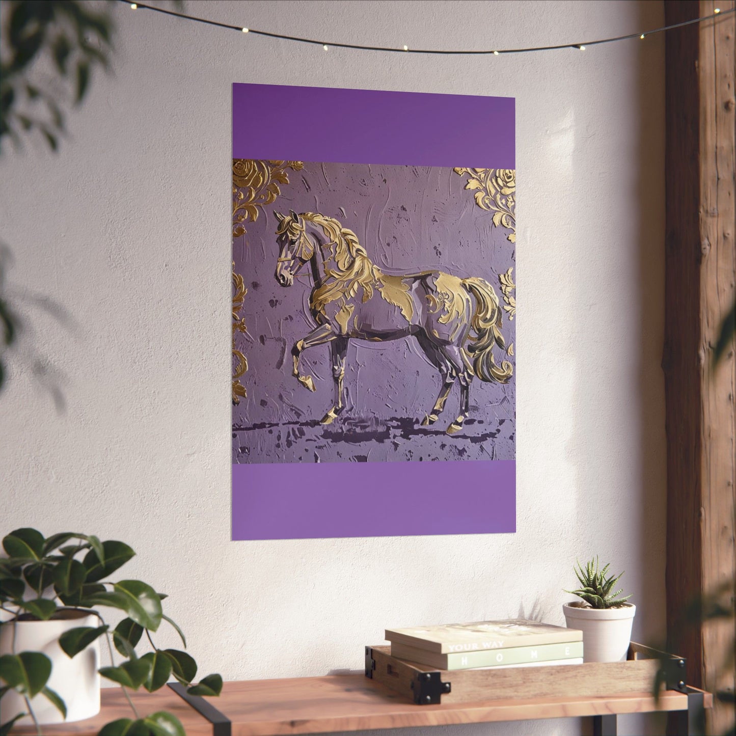 Floral Motif Art Poster - Elegant Matte Vertical Wall Decor - Lavender & Gold Damask Horse