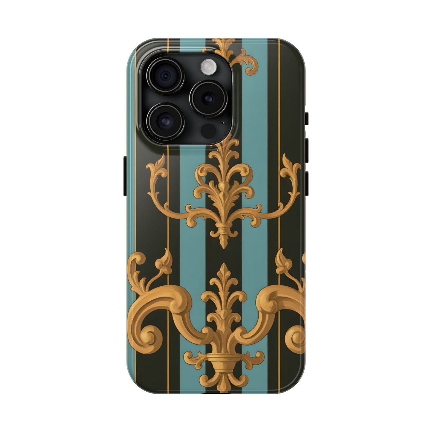 Elegant Baroque Tough Phone Case, Stylish Phone Cover, Durable iPhone Case, Unique Gift - Black & Turquoise Striped Baroque