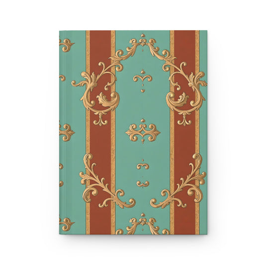 Elegant Vintage Hardcover Journal - Ornate Design for Note-Taking and Journaling - Rust & Mint Aqua Striped Baroque