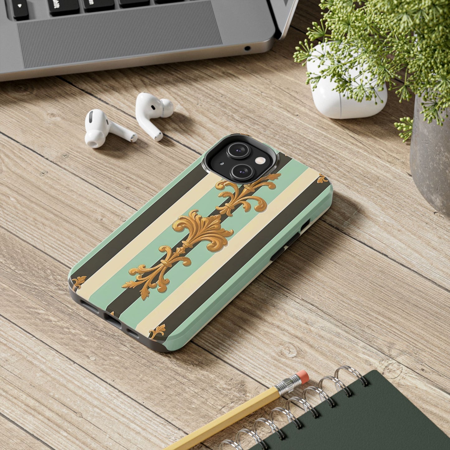 Elegant Floral Tough Phone Cases - Stylish Protection for All Occasions, Gifts for Her, Phone Covers - Black & Matte Mint Striped Rococo