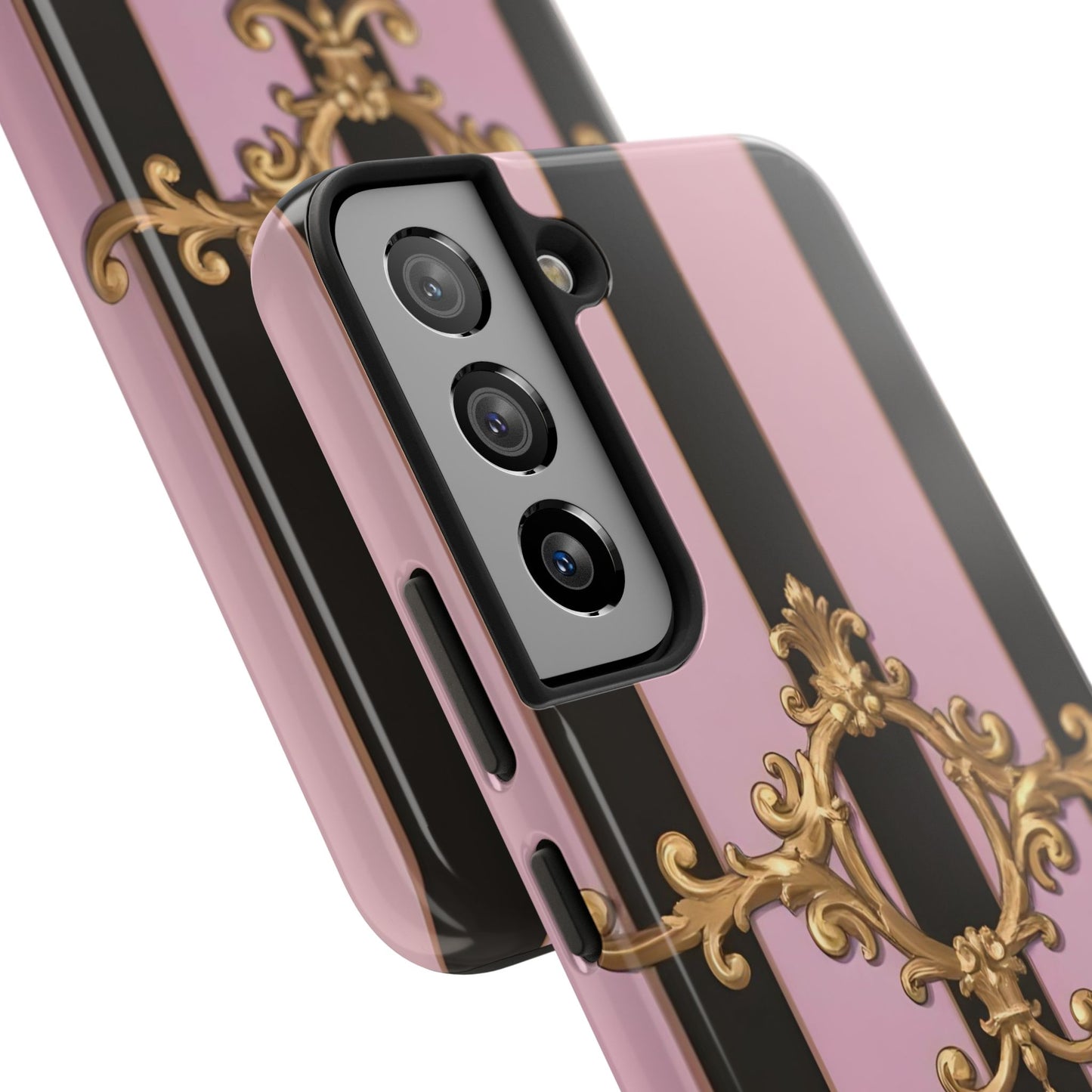 Stylish Tough Phone Case for Elegant Protection, Fashionable Accessories, Smartphone Cover - Matte Lavender & Black Striped Gold Baroque