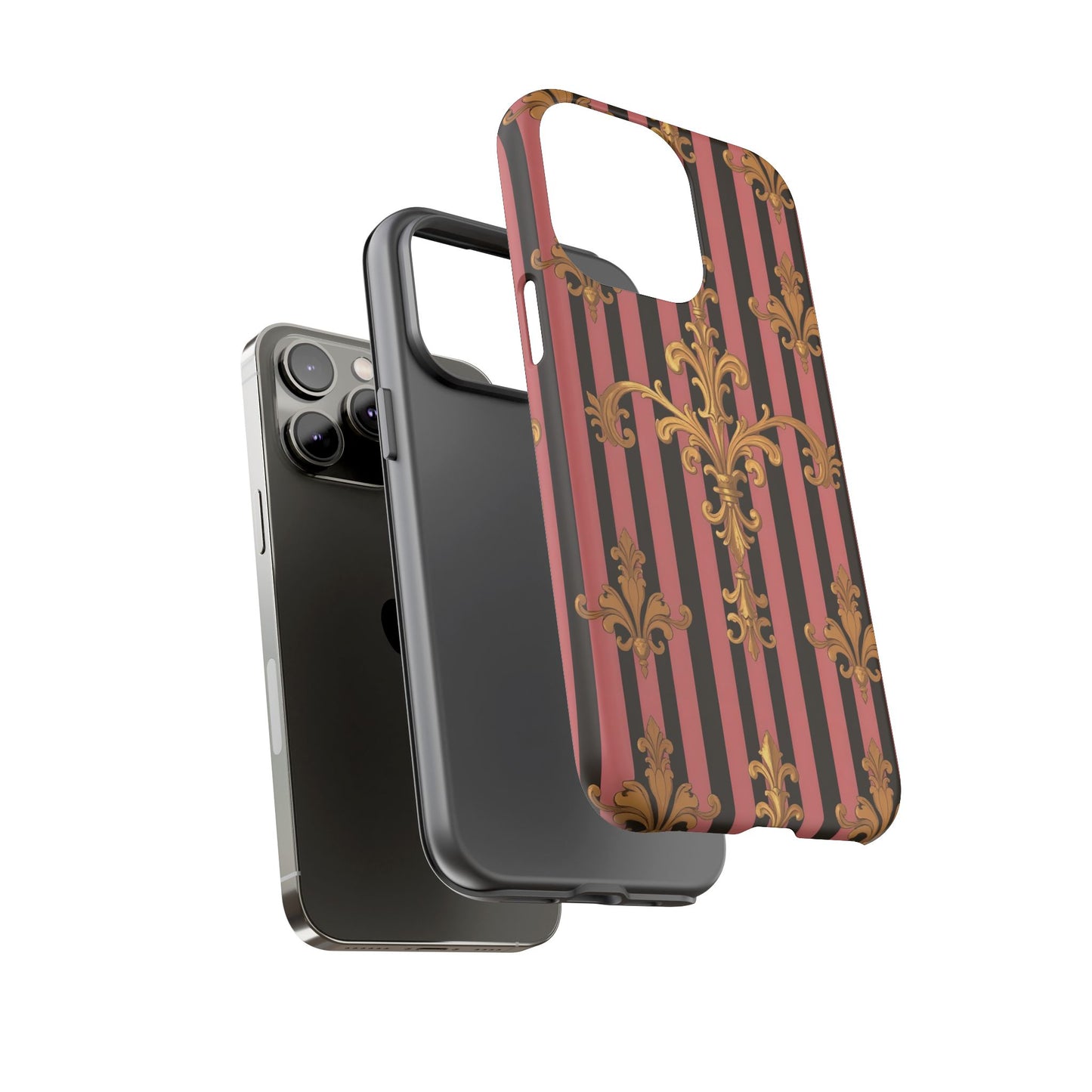 Elegant Floral Motif Phone Case - Tough Cases with Vintage Design - Mauve Striped Gold Damask