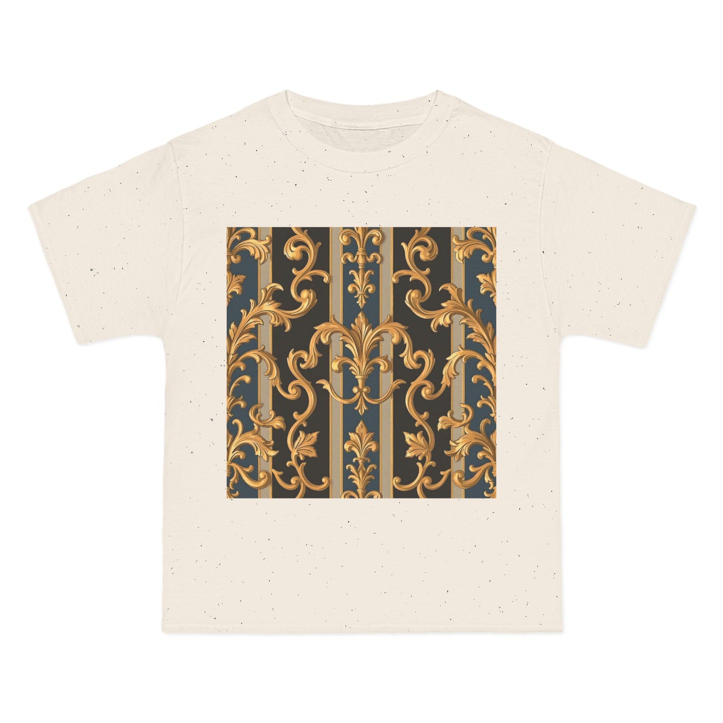 Ornate Gold Pattern Short-Sleeve T-Shirt, Stylish Casual Wear, Unique Graphic Tee - Blue & Black Striped Rococo