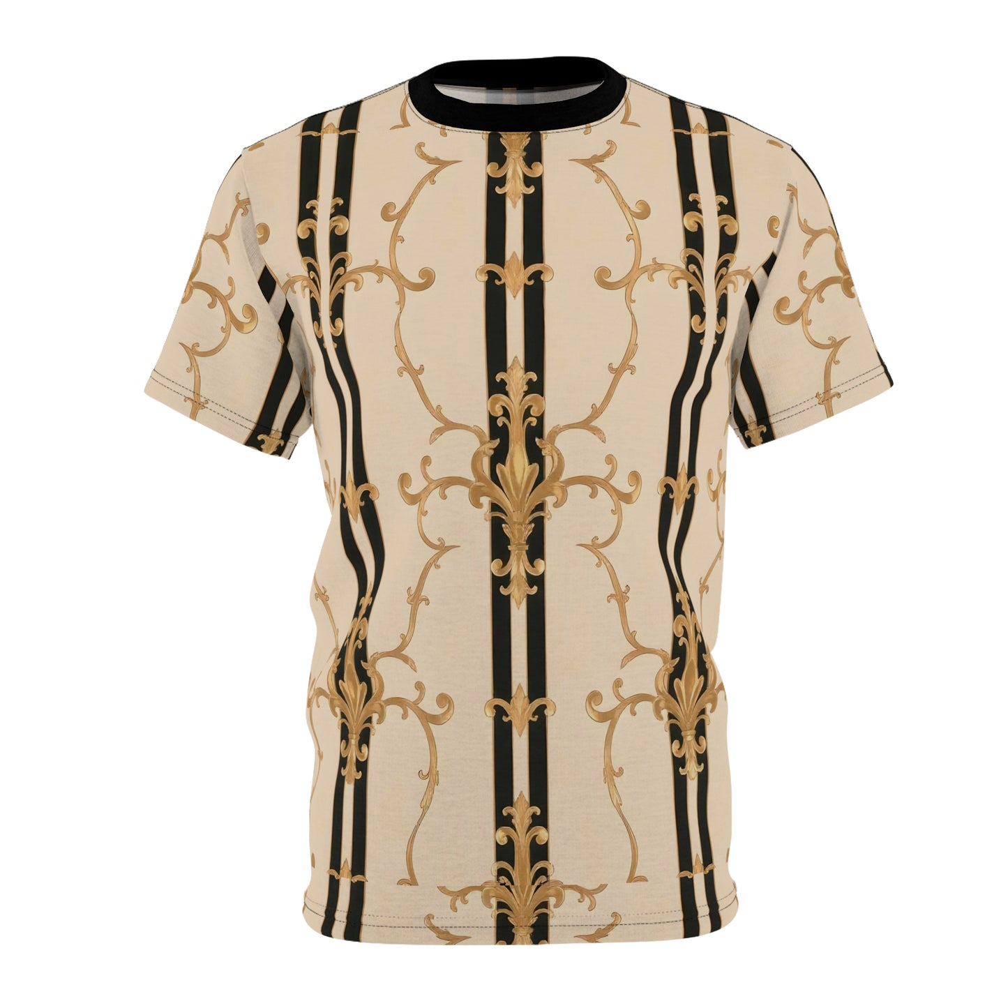 Elegant Vintage Pattern Unisex Tee, Stylish Graphic T-Shirt, Gift for Fashion Lovers, Casual Wear - Black & Beige Striped Damask