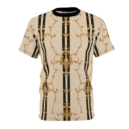 Elegant Vintage Pattern Unisex Tee, Stylish Graphic T-Shirt, Gift for Fashion Lovers, Casual Wear - Black & Beige Striped Damask