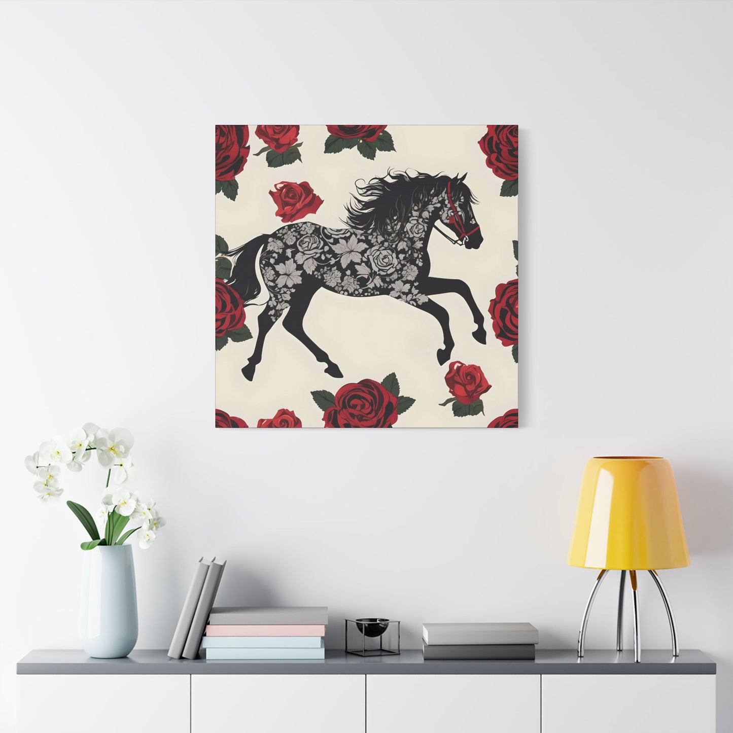 Art Print Canvas, Wall Decor, Satin Stretched Canvas, Equestrian Art, Office Decor, Home Decor - Horse & Roses