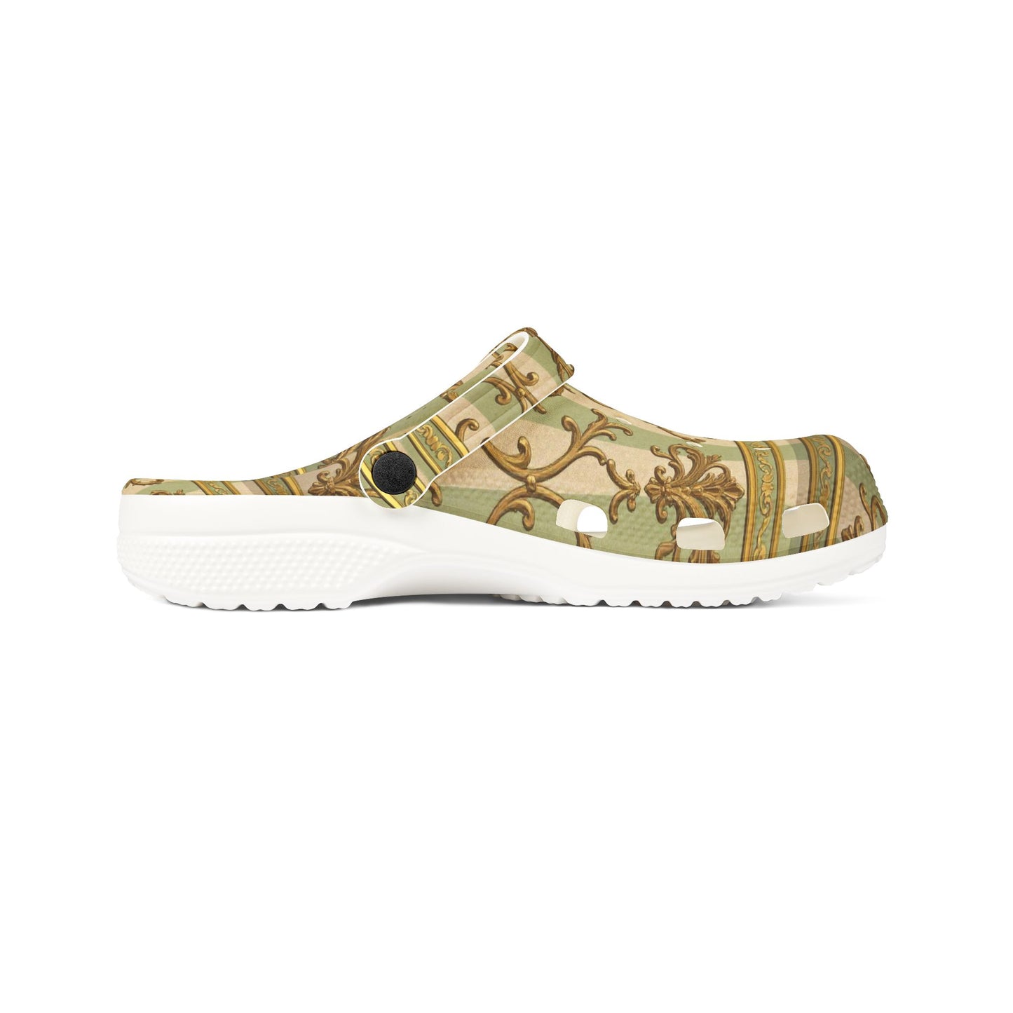 Stylish EVA Foam Clogs with Floral Design, Comfortable Garden Shoes, Unique Fashion Footwear - Mint & Beige Striped Gold Baroque