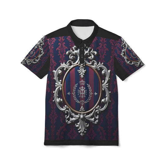 Elegant Unisex Polo Shirt with Regal Design, Casual Fashion, Gift for Men & Women, Everyday Wear, Unique Style - Blue & Plum Striped Silver Crest