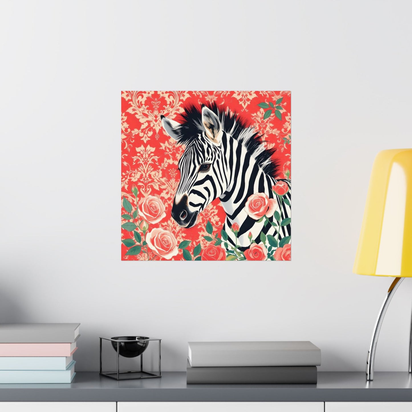 Floral Art Poster - Elegant Matte Vertical Wall Decor - Zebra With Coral Roses & Damask