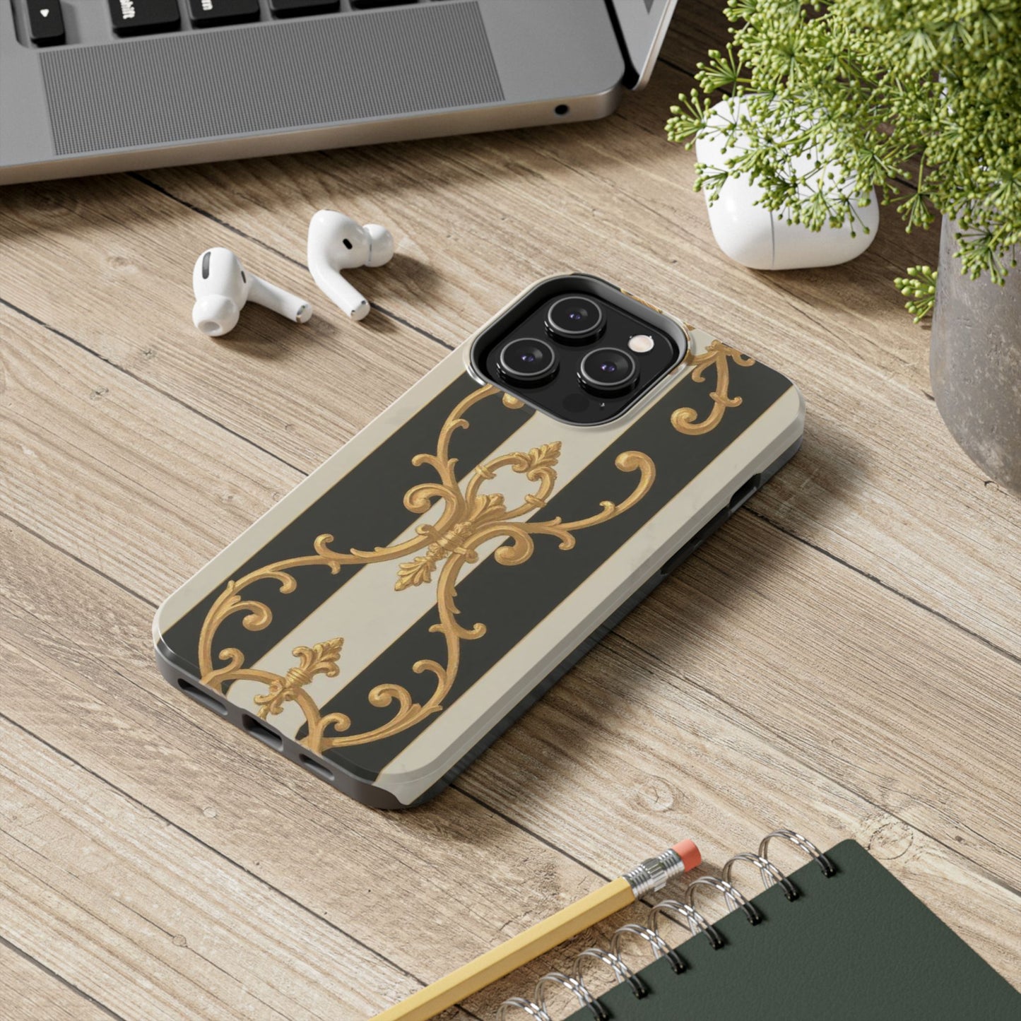 Elegant Black & Alabaster Striped Baroque Tough Phone Cases - Chic Protection, Black Gold Decor, Stylish Accessory, Gift for Her, Trendy Tech