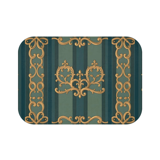 Elegant Vintage-Inspired Bath Mat with Gold Accents, Luxury Bathroom Decor, Home Accessories - Smoky Blue & Teal Striped Baroque