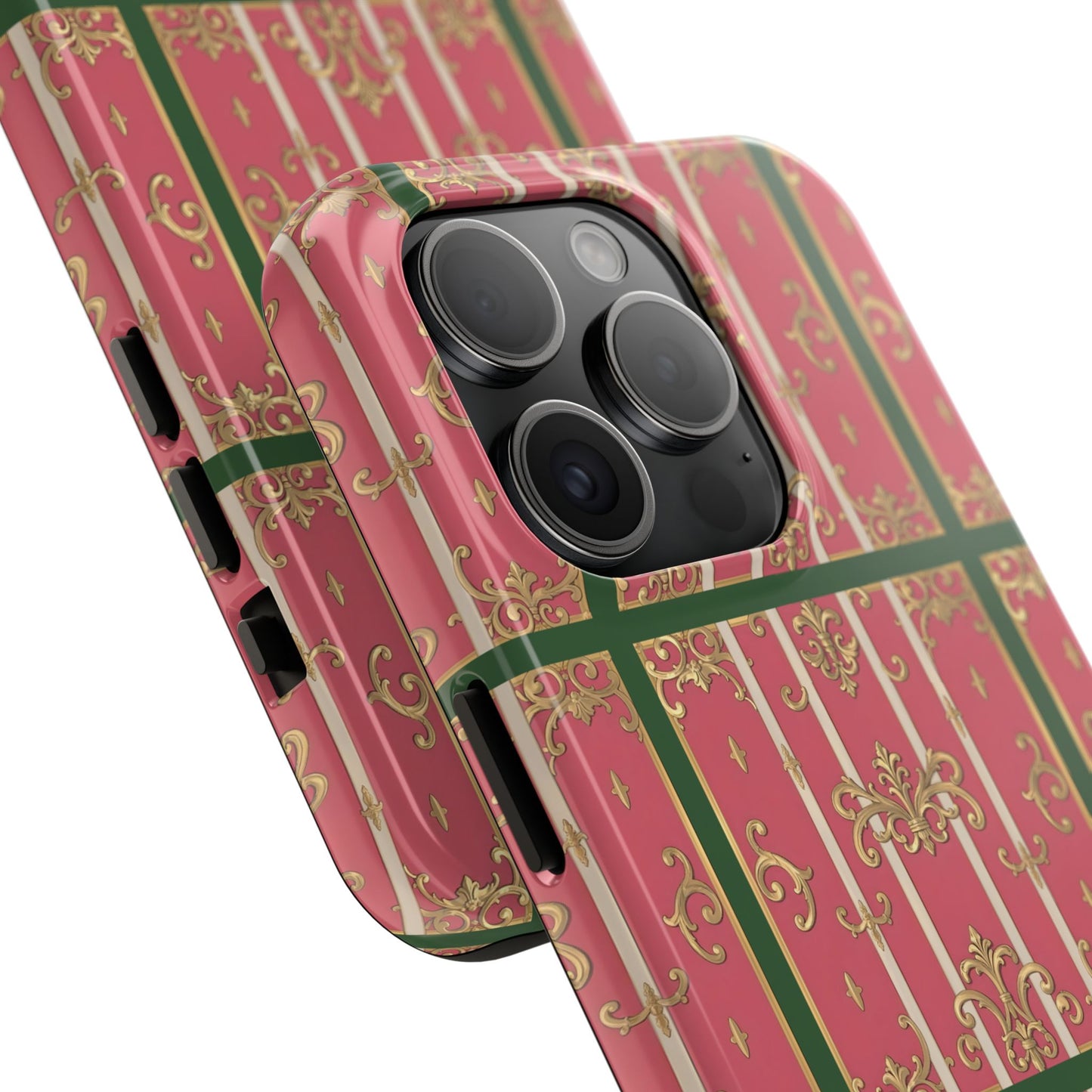 Elegant Green Border Pink Striped Baroque Phone Cases, Tough Phone Cases for Protection, Stylish Mobile Accessories, Gift for Her, Holiday Tech Gifts