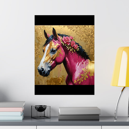 Floral Motif Art Poster - Elegant Matte Vertical Wall Decor - Magenta Horse In Gold Damask With Roses