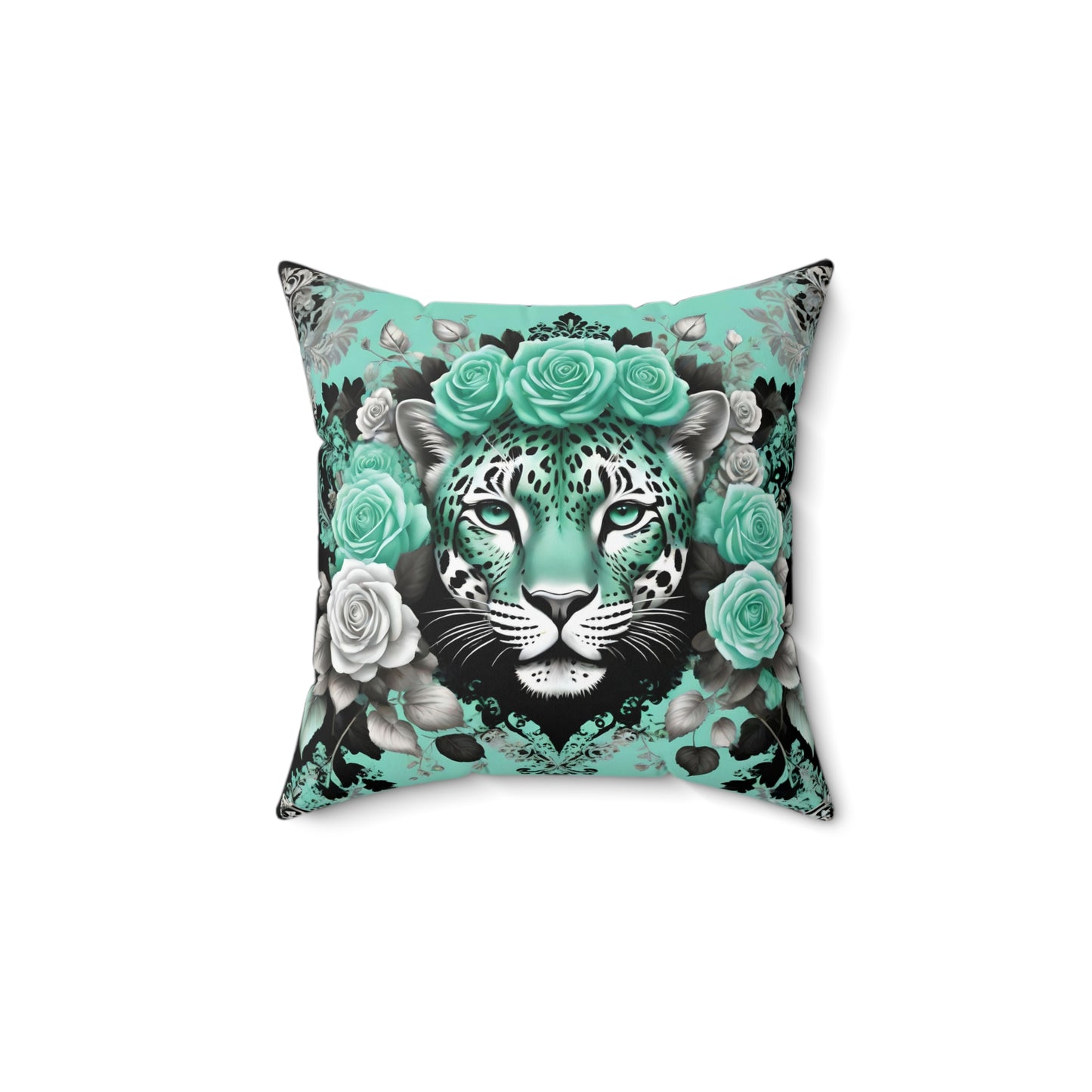 Floral Leopard Print Square Pillow – Chic Home Decor Accent - Mint Green Leopard