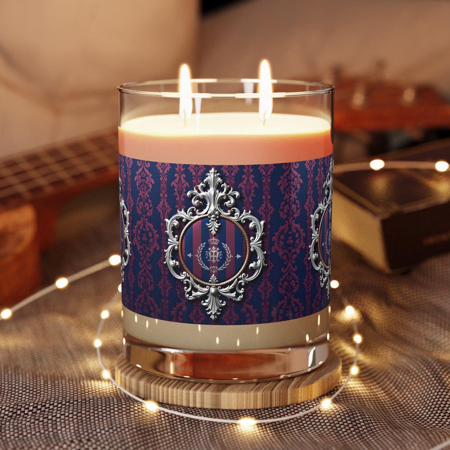 Elegant Scented Candle - Luxurious Home Decor, Aromatherapy Gift, Housewarming Present, Decorative Candle - Blue & Plum Striped Silver Crest