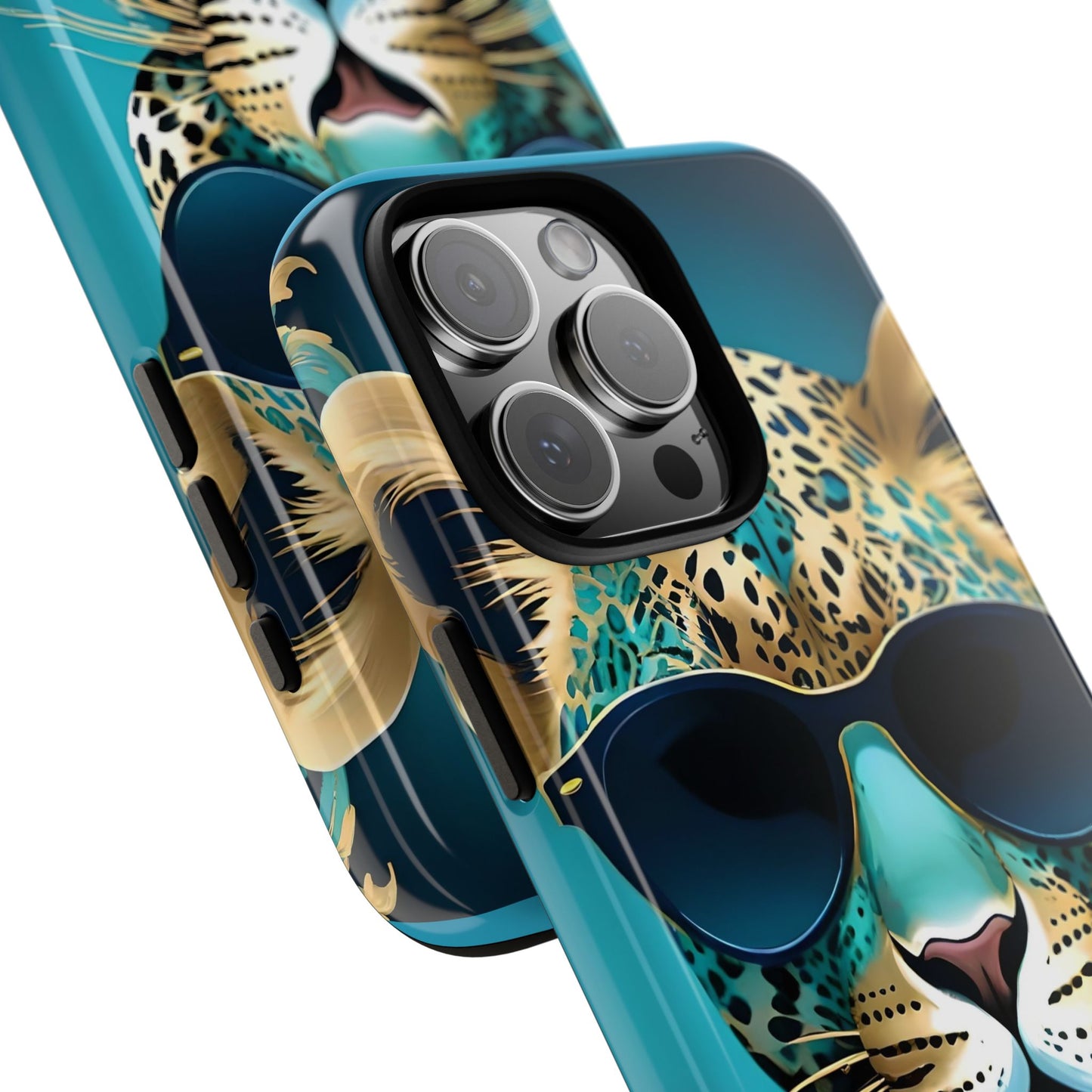 Phone Case - Aqua & Gold Leopard In Sunglasses Design
