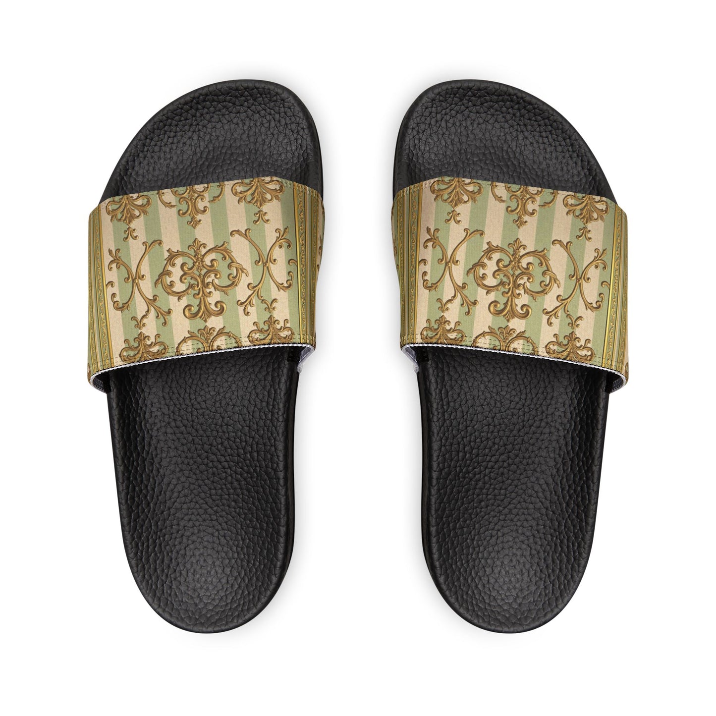 Chic Women's Sandals, Fashion Slip-On Sandals, Summer Flats, Trendy Beach Sandals, Stylish Casual Footwear - Mint & Beige Striped Gold Baroque