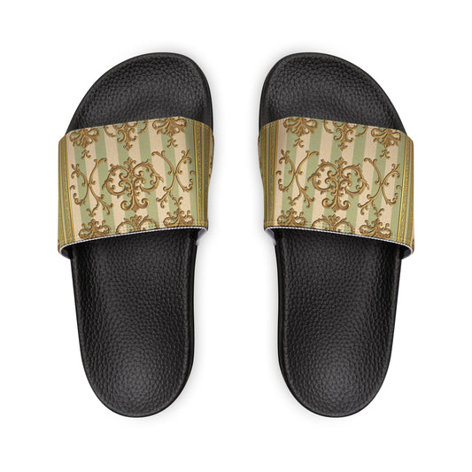 Chic Women's Sandals, Fashion Slip-On Sandals, Summer Flats, Trendy Beach Sandals, Stylish Casual Footwear - Mint & Beige Striped Gold Baroque