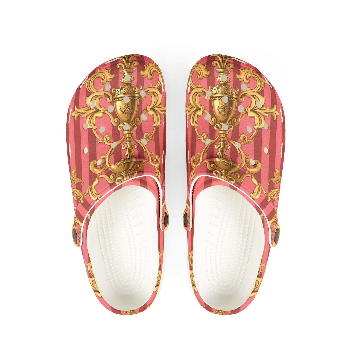 Elegant Baroque-Style EVA Foam Clogs, Trendy Slip-On Shoes, Comfortable Fashion Footwear - Pink Striped Gold Baroque