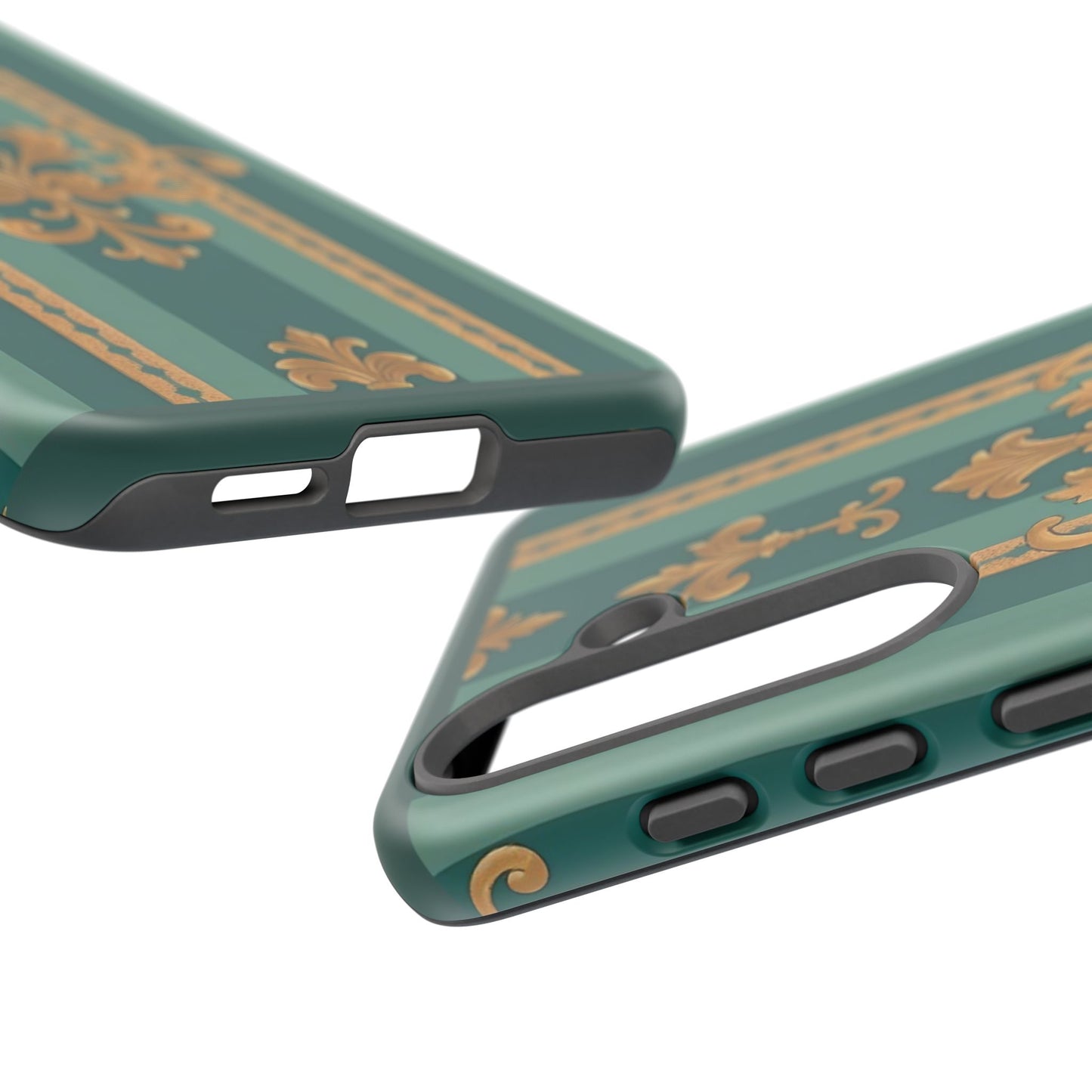 Elegant Floral Motif Phone Case - Tough Cases with Vintage Design - Teal Striped Gold Damask
