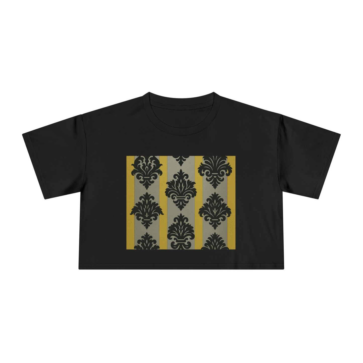 Chic Vintage Crop Tee | Stylish Women's Tee for Casual Outings, Gifts, Festivals, Layering, Everyday Wear - Silver & Gold Striped Black Baroque