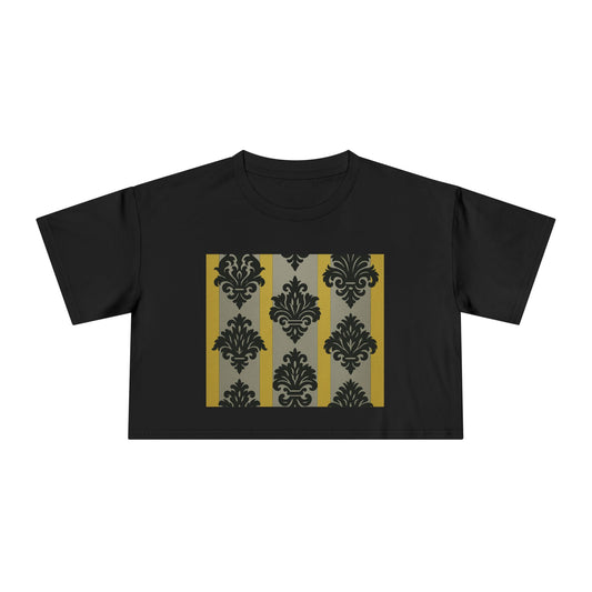 Chic Vintage Crop Tee | Stylish Women's Tee for Casual Outings, Gifts, Festivals, Layering, Everyday Wear - Silver & Gold Striped Black Baroque