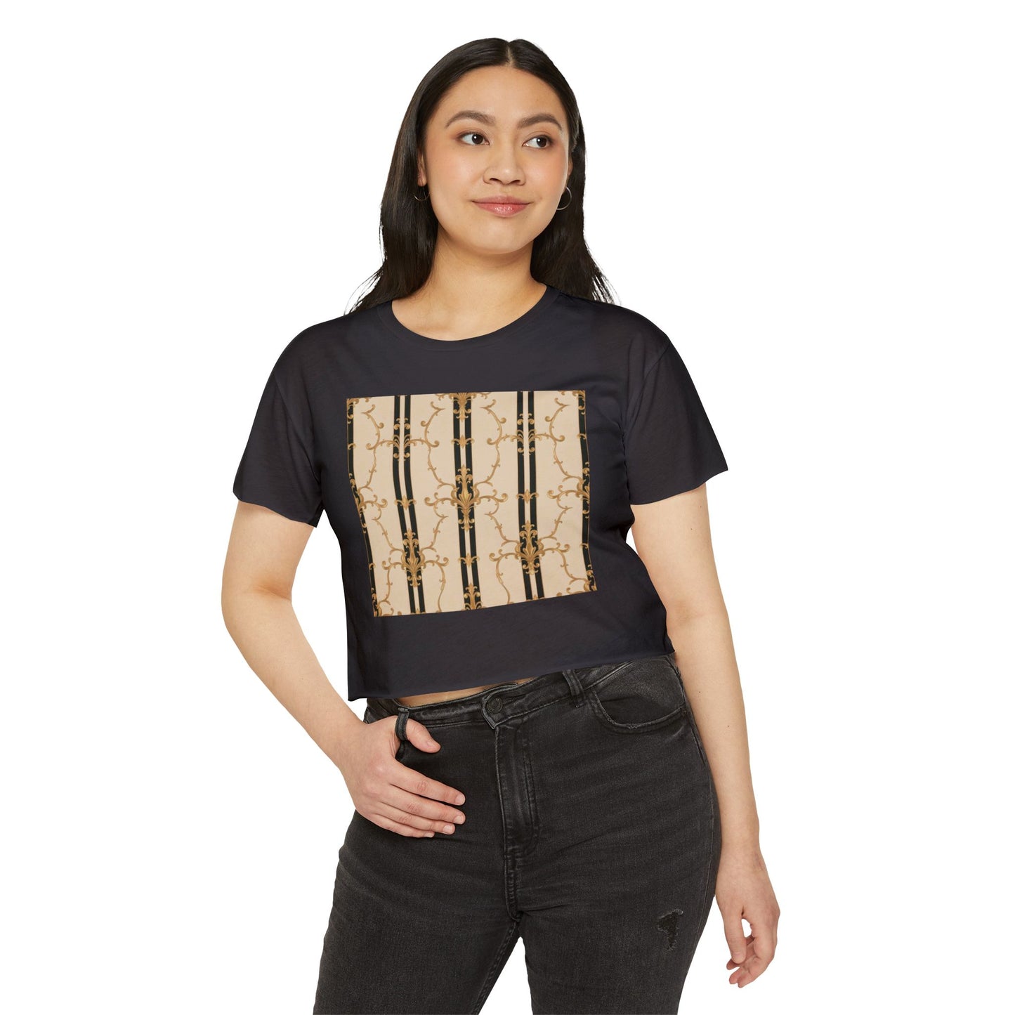 Festival Crop Top, Stylish Summer Tee, Trendy Women's Shirt, Festival Wear, Perfect for Music Events - Black & Beige Striped Damask
