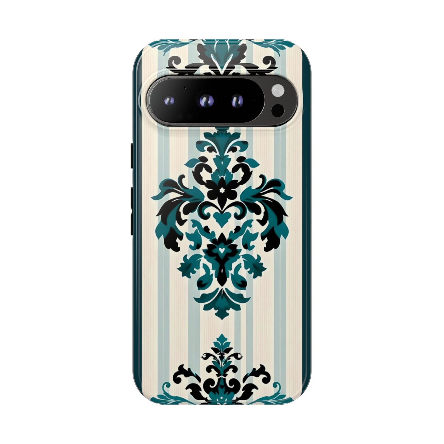 Elegant Floral Phone Case - Tough Cases with Vintage Design - Teal Striped Damask