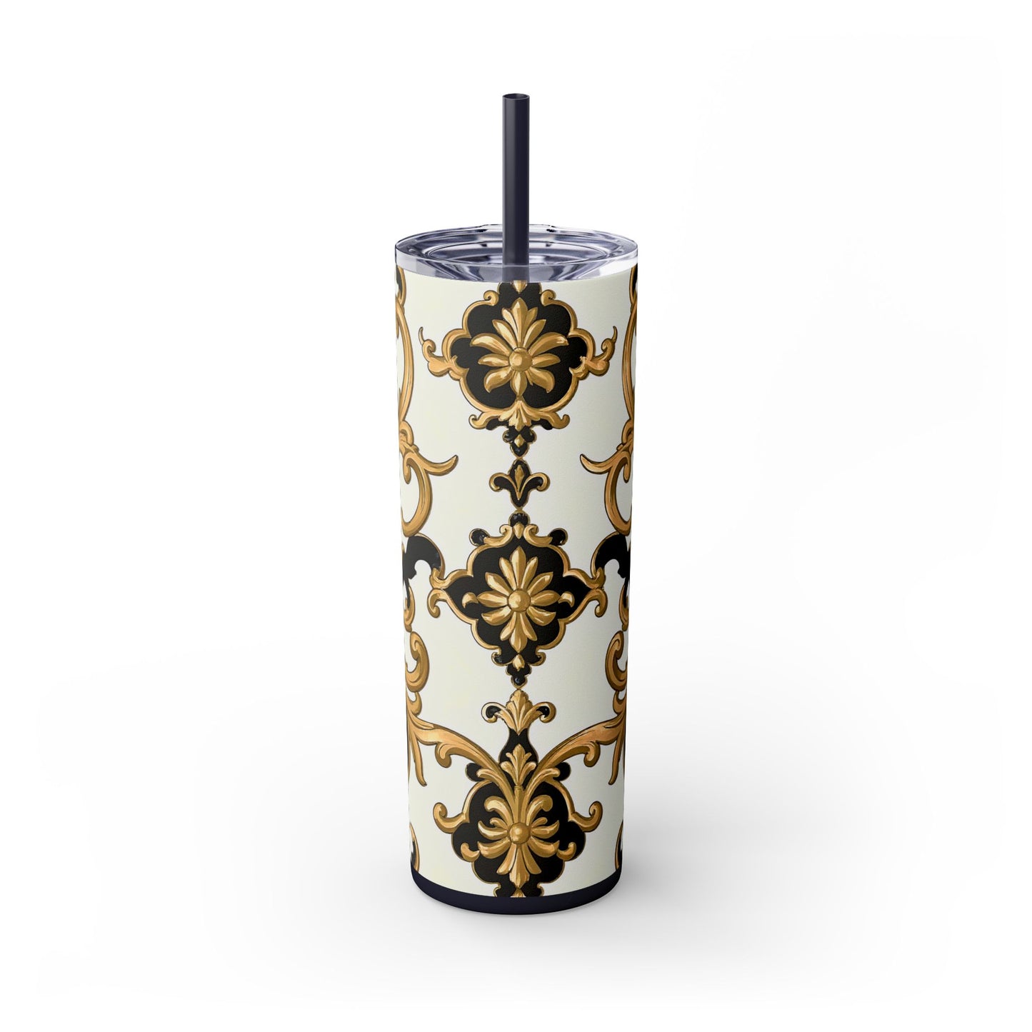 Elegant Gold Floral Skinny Tumbler, 20oz | Insulated Cup for Hot & Cold Drinks, Travel Mug, Gift for Mom, Stylish Drinkware - Black & Gold Rococo