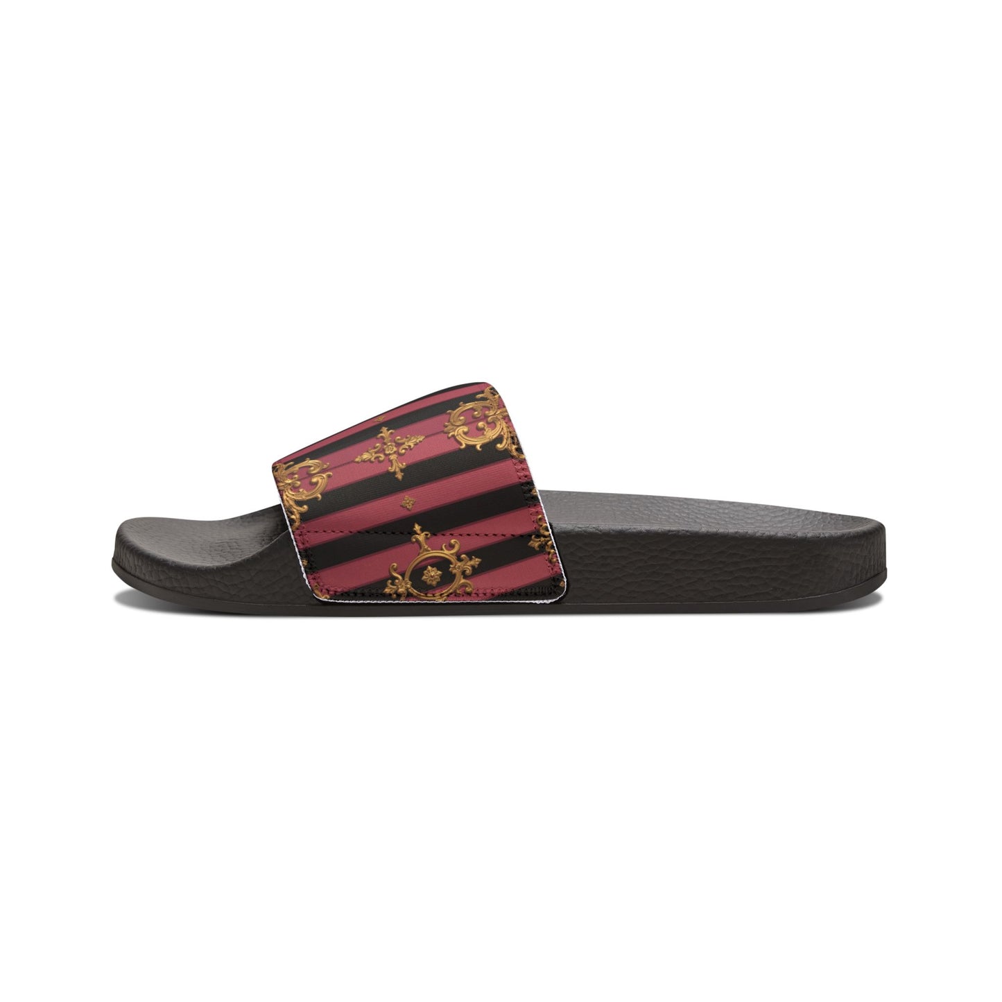 Chic Black & Mauve Striped Gold Baroque Women's Removable-Strap Sandals, Comfortable Summer Footwear