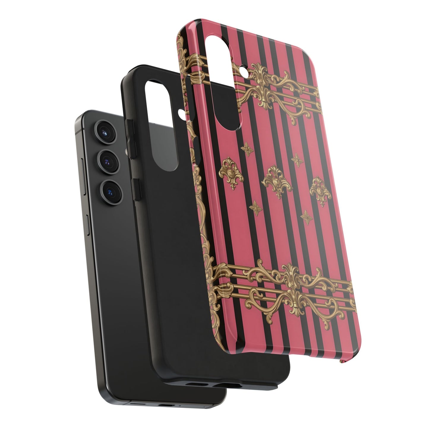 Elegant Floral Phone Cases, Stylish Protective Case for Trendy Individuals, Unique Gift for Tech Lovers, Phone Accessories - Pink Striped Gold Rococo