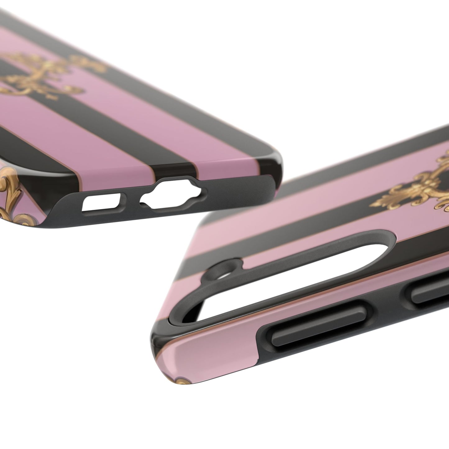 Stylish Tough Phone Case for Elegant Protection, Fashionable Accessories, Smartphone Cover - Matte Lavender & Black Striped Gold Baroque