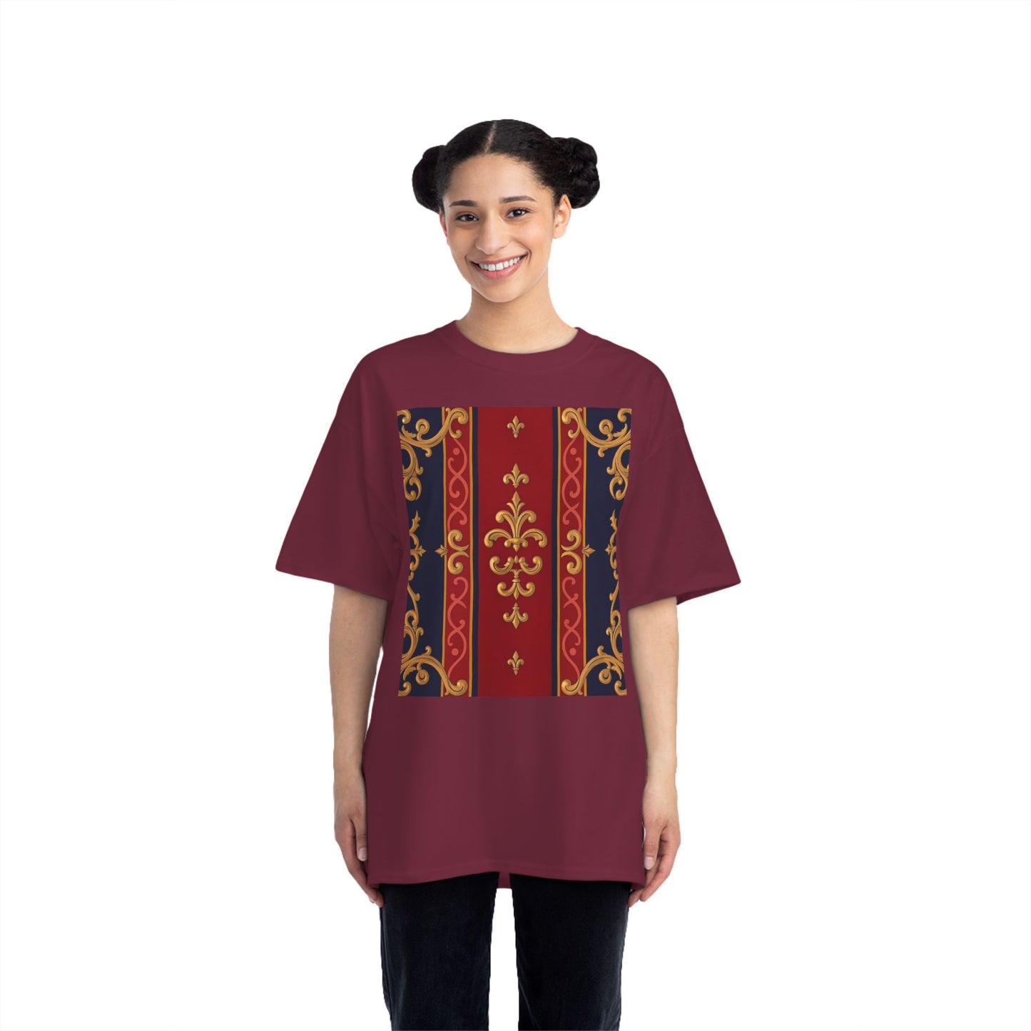 Elegant Baroque T-Shirt for Fashion Lovers, Casual Wear, Gift for Her, Unique Tee for Art Enthusiasts - Midnight Blue & Dusk Red Gold Baroque