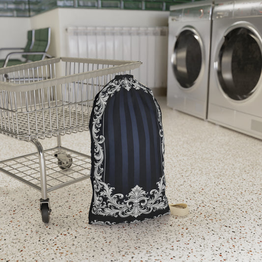 Navy Stripes & Baroque Laundry Bag — Elegant Navy Drawstring Hampers for Travel and Dorm