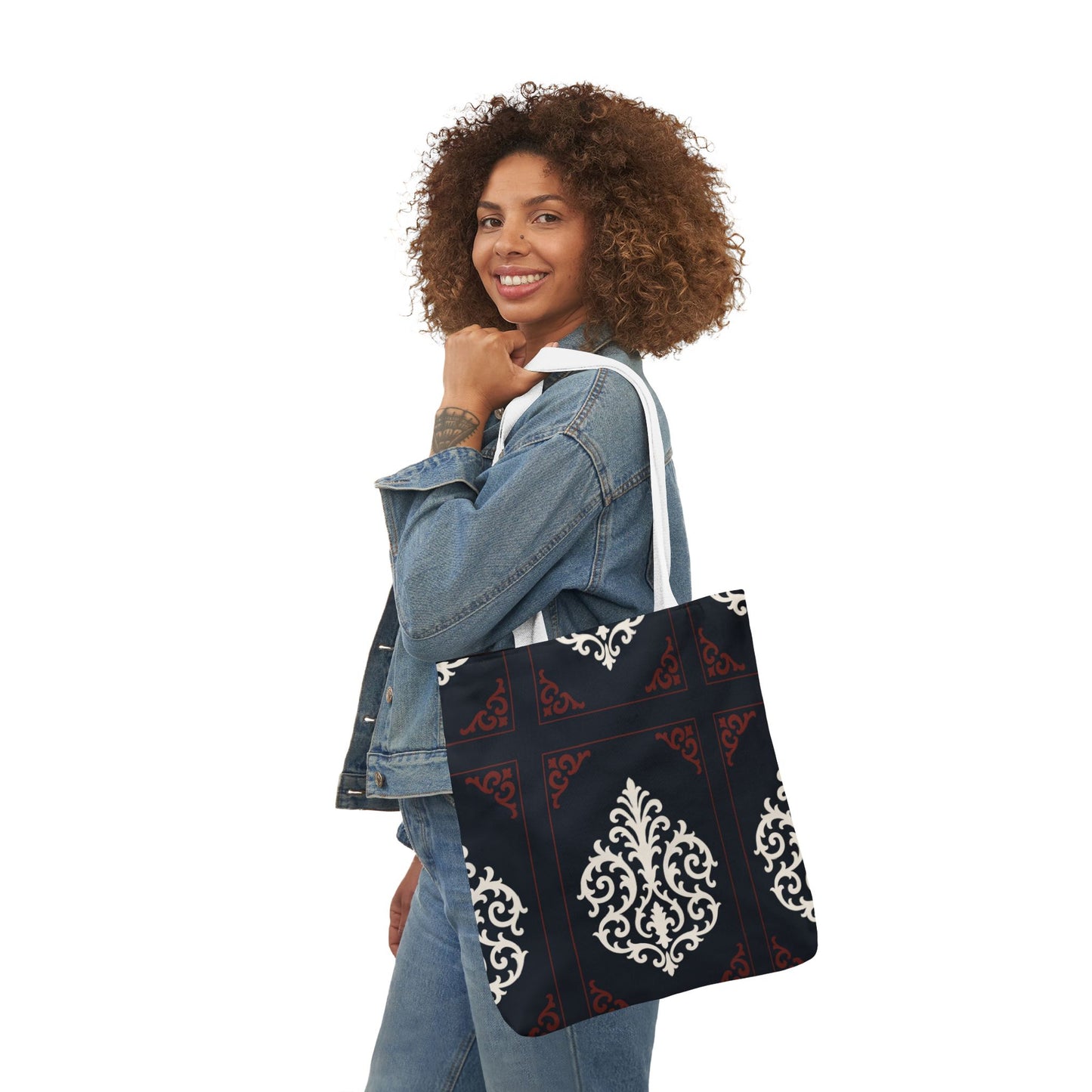Dusk Blue-Maroon & White Baroque Pattern Canvas Tote Bag — Elegant Dusk Blue & White Reusable Market Bag