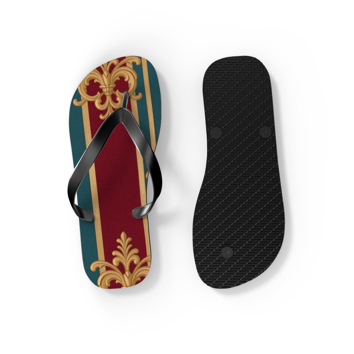 Elegant Floral Pattern Flip Flops, Stylish Beach Footwear, Summer Accessories, Vacation Sandals - Burgundy Striped Gold Baroque