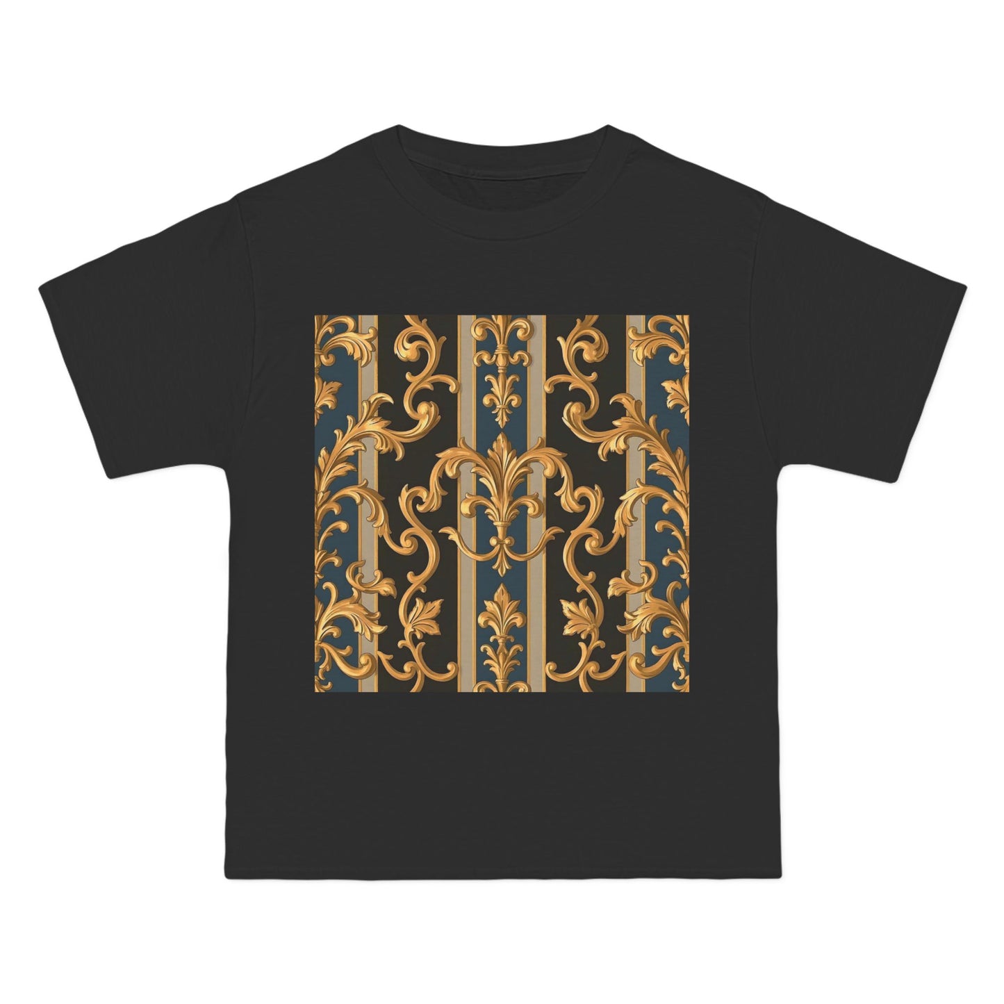 Ornate Gold Pattern Short-Sleeve T-Shirt, Stylish Casual Wear, Unique Graphic Tee - Blue & Black Striped Rococo