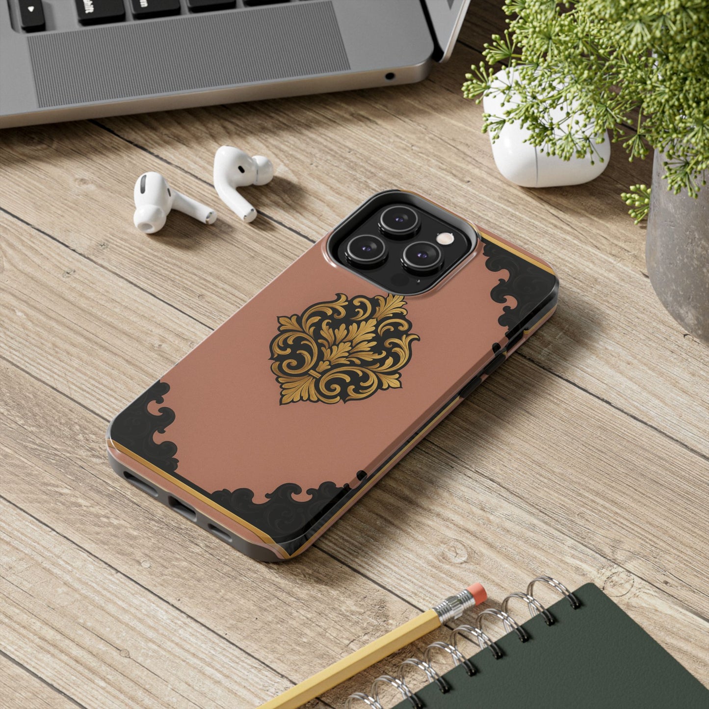 Mauve & Black-Gold Baroque Tough Phone Case — Ornate Protective iPhone Cover