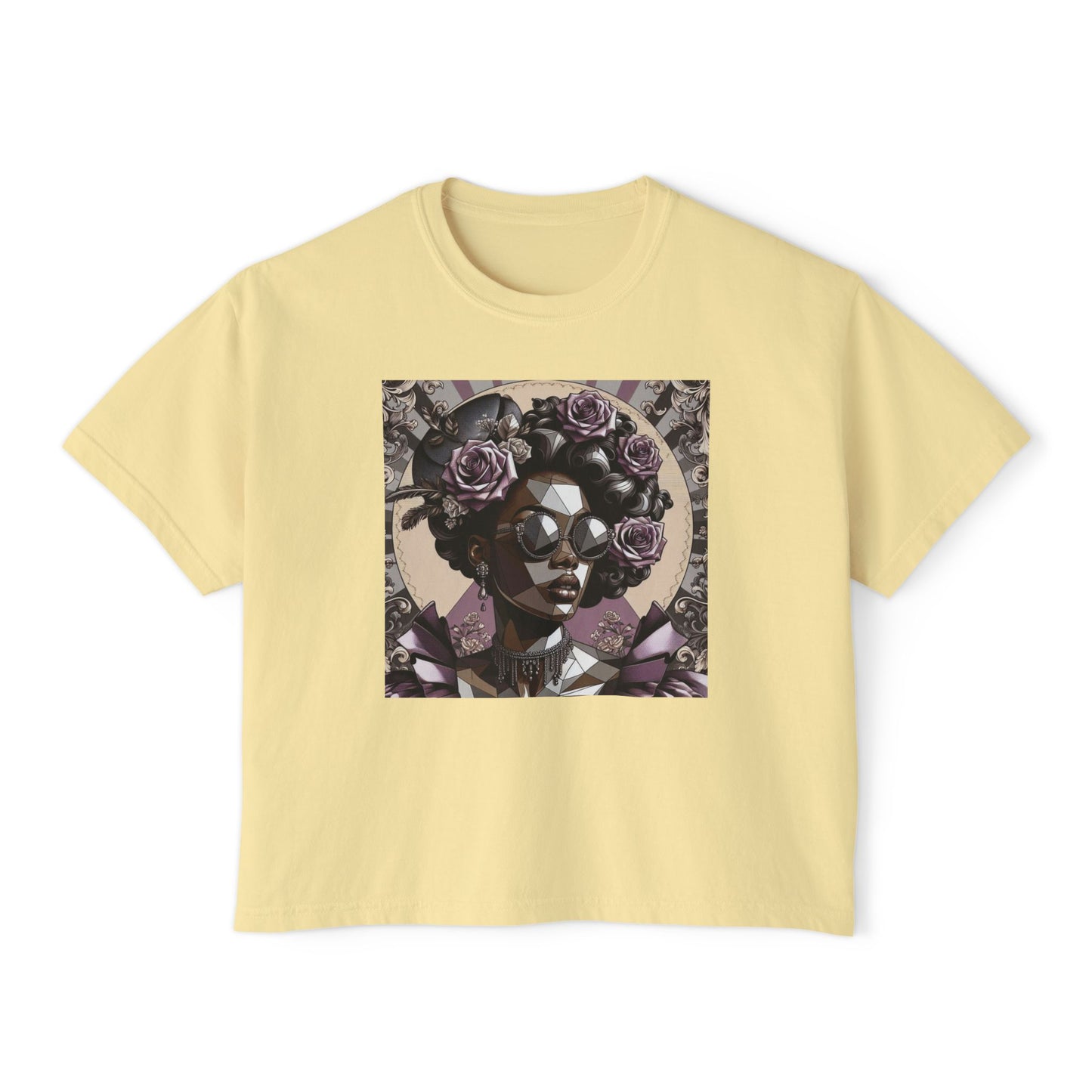 Afro Art Women's Boxy Tee, Casual Summer Fashion, Poly Art Style Top, Gifts for Her, Festival Wear - Lilac Baroque Lady