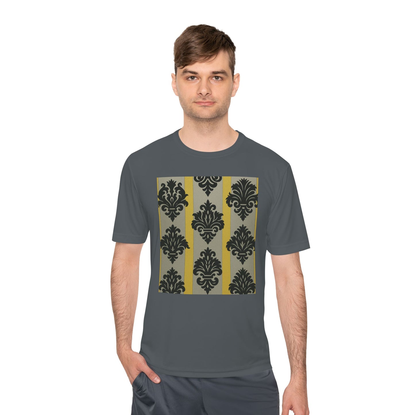 Elegant Patterned Unisex Moisture Wicking Tee, Activewear, Casual Tee, Gift for Him/Her, Stylish Sportswear - Silver & Gold Striped Black Baroque