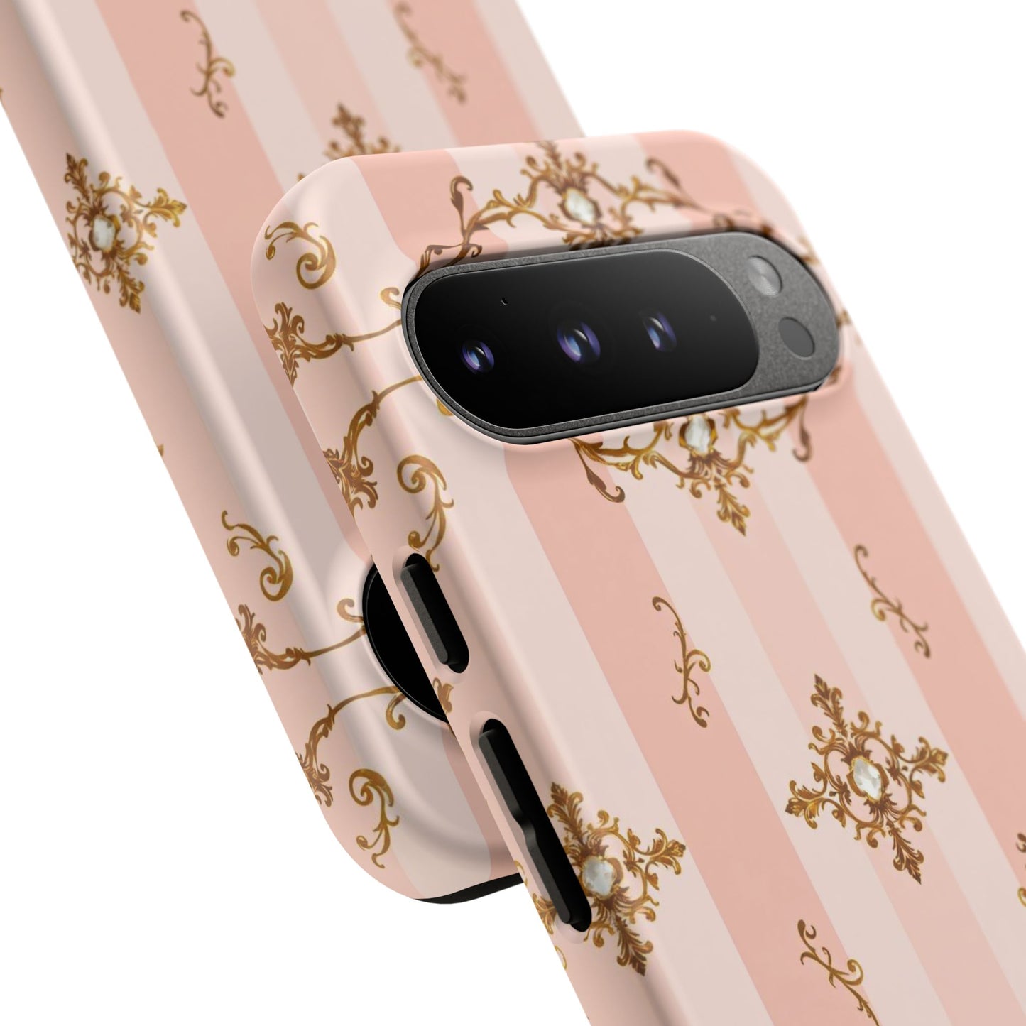 Elegant Floral Phone Case, Tough Cases for Women, Trendy Phone Cover, Chic Gift - Pink Jeweled Striped Gold Baroque