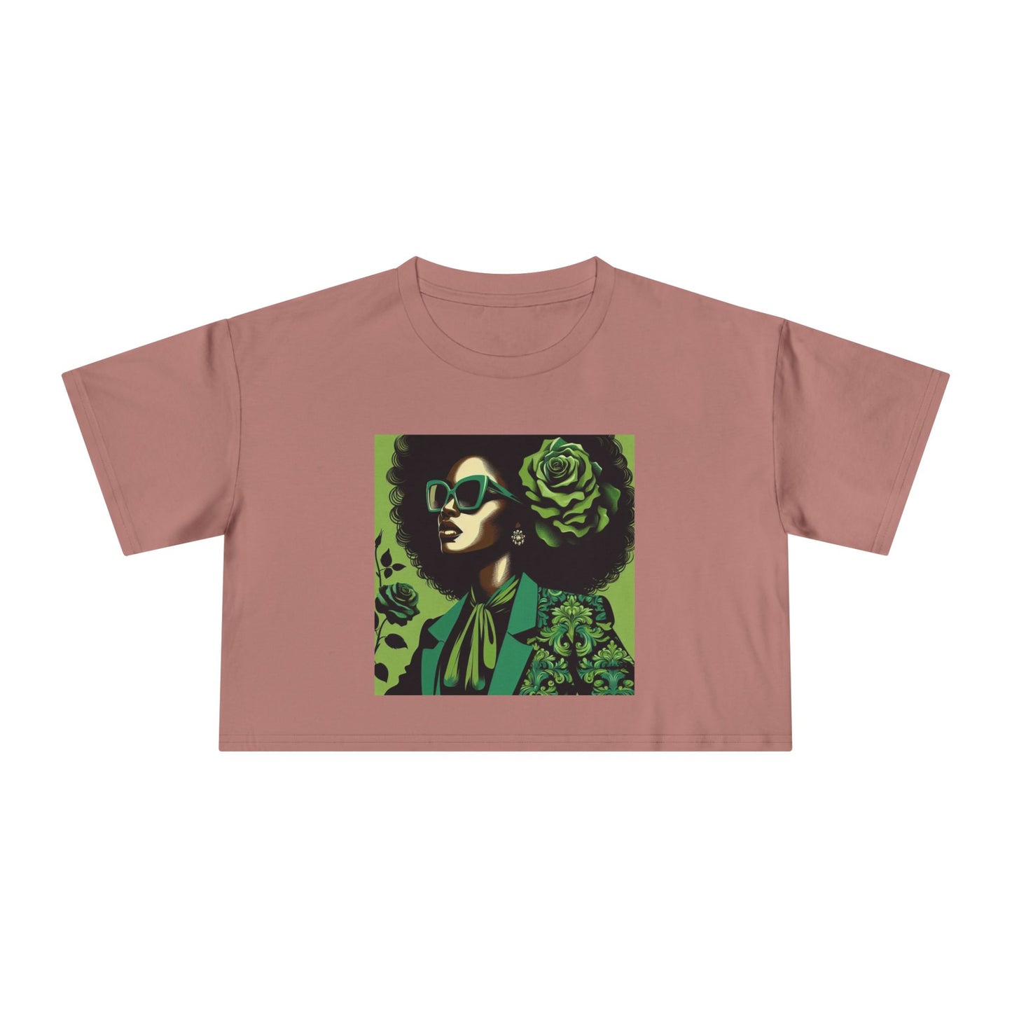 Stylish Women's Crop Tee with Damask Design | Trendy Summer Top, Afro Crop Shirt, Casual Wear, Gift for Her - Lady in Green Damask