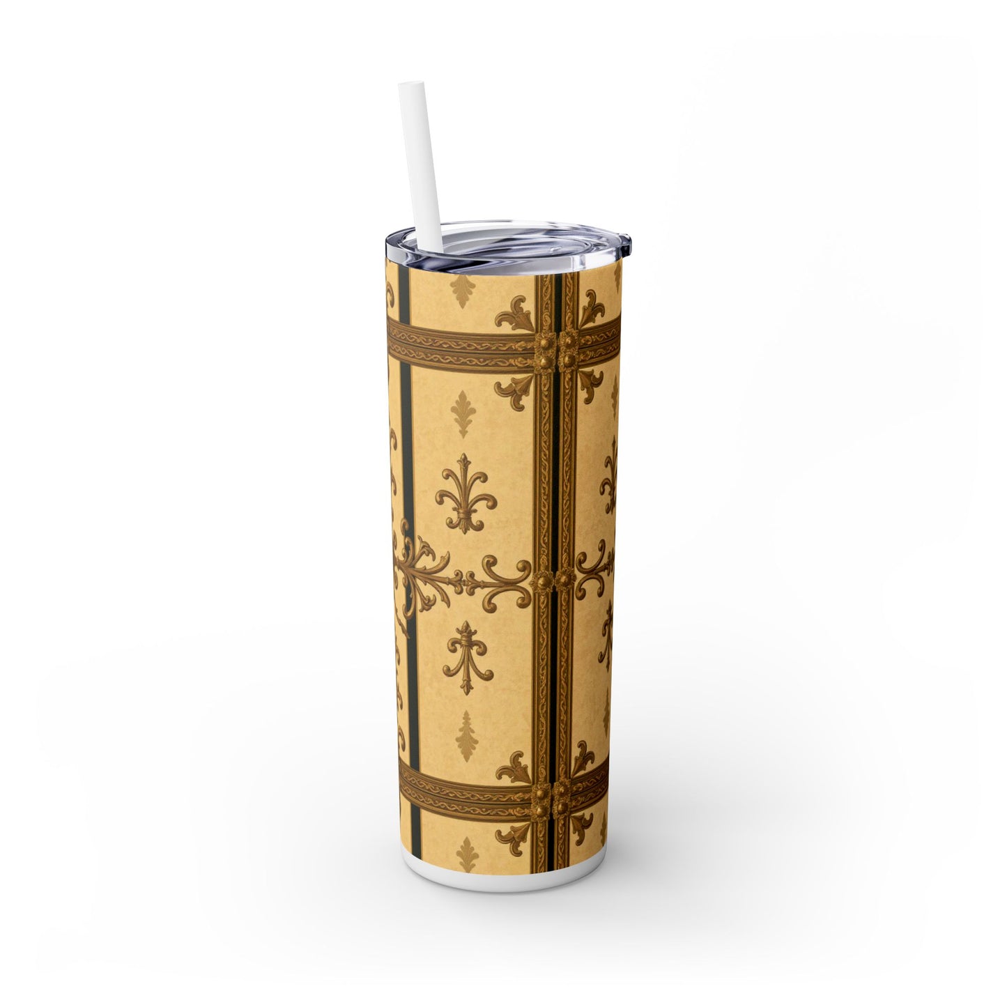Elegant Vintage Skinny Tumbler, 20oz Insulated Drink Cup, Perfect for Home, Office, Gifts, Holidays, Travel - Matte Yellow Striped Antique Rococo