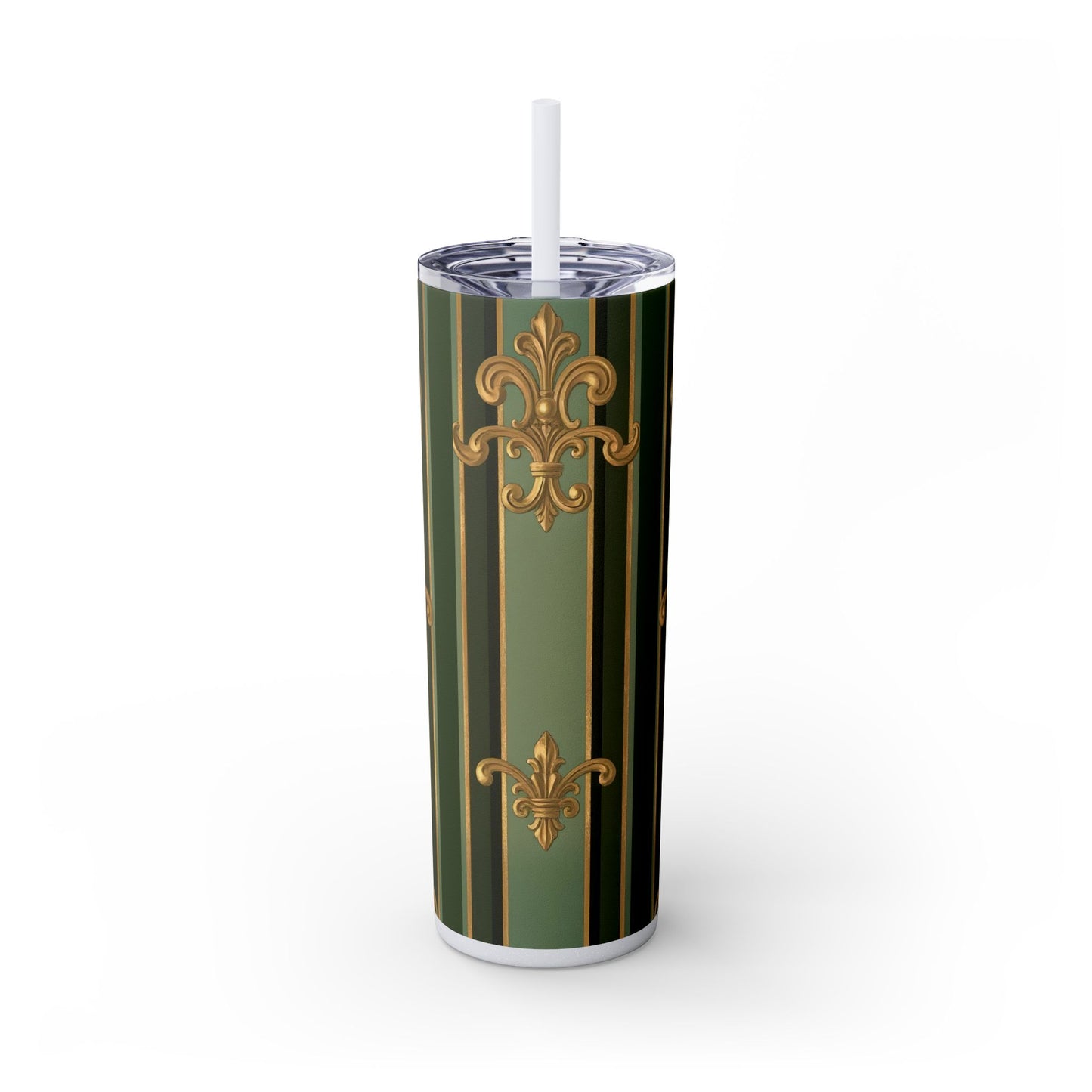Elegant Green Striped Skinny Tumbler, 20oz Travel Mug, Reusable Cup, Perfect for Gifts, Parties, Home Decor - Green Striped Gold Baroque