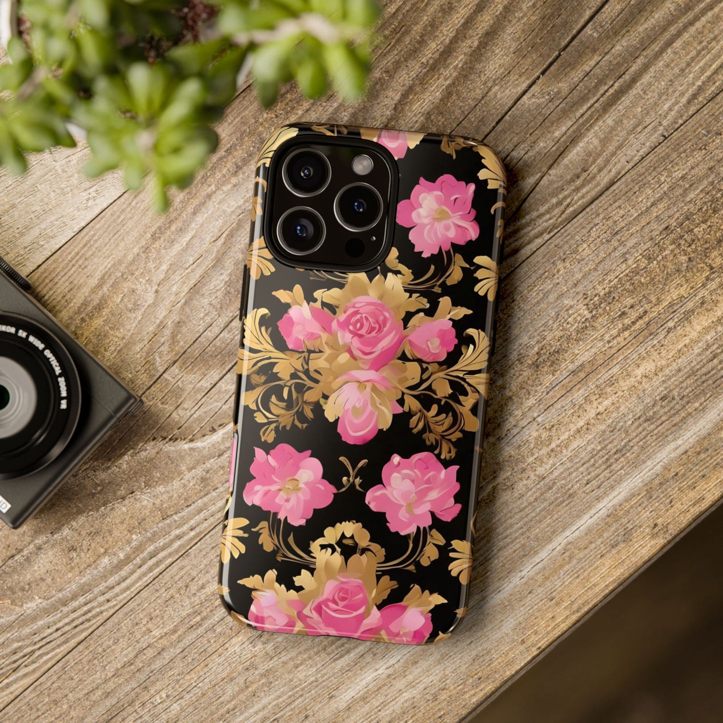 Elegant Floral Motif Phone Case - Tough Cases with Vintage Design - Pink & Gold Roses