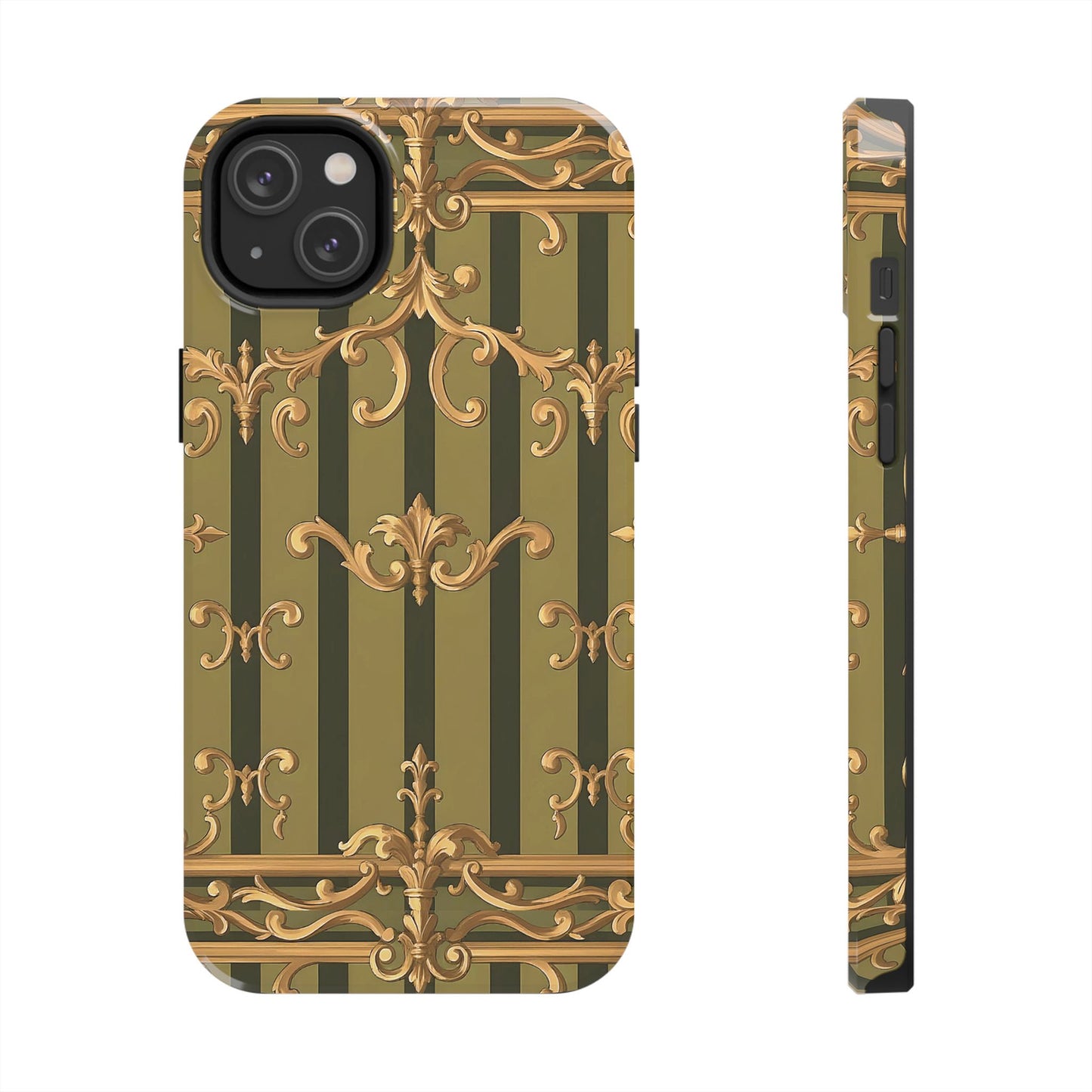 Elegant Vintage Phone Case - Tough Protection with Classy Design, Stylish Phone Cover for Fashion Lovers - Olive Green Striped Rococo
