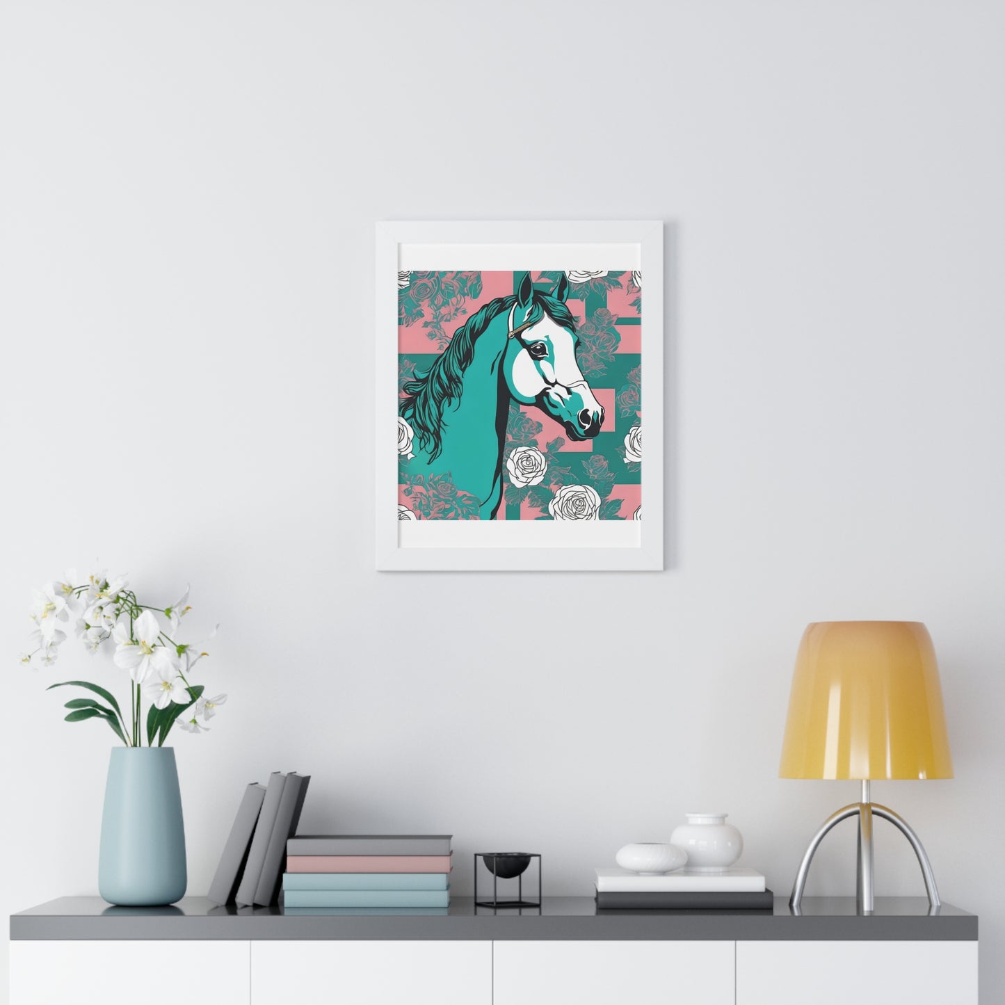 Vertical Poster - Stylish Modern Art for Home Decor - Teal & White Horse