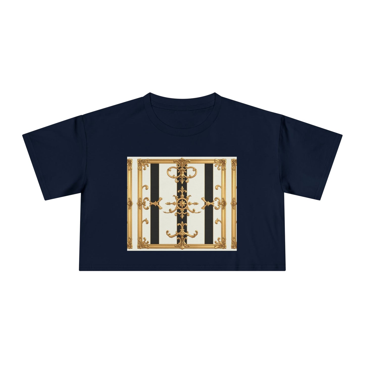 Chic Gold Baroque Women's Crop Tee, Stylish Summer Top, Fashionable Gift for Her, Casual Fashion - Black & White Striped Gold Baroque