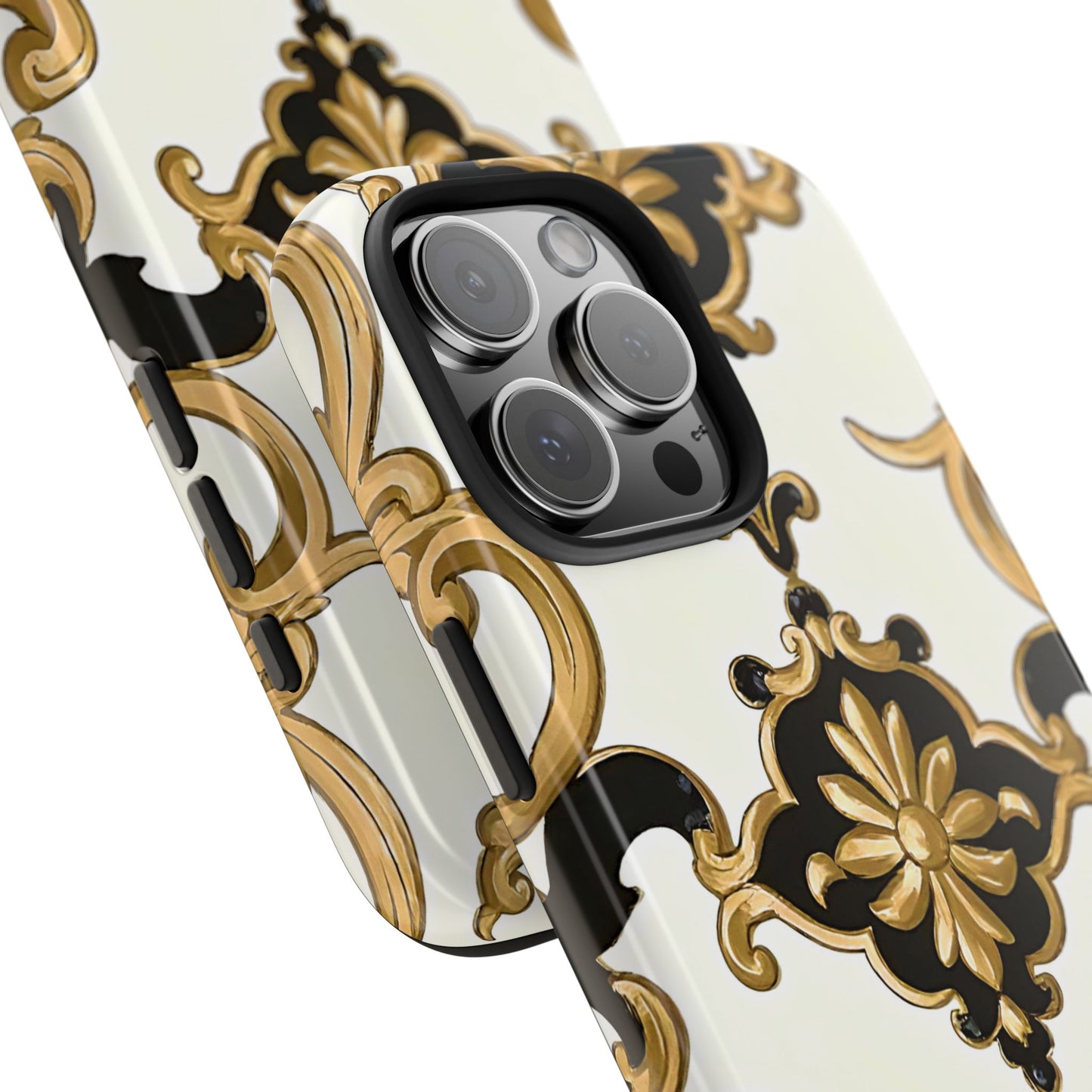 Elegant Floral Tough Phone Cases, Durable Phone Cover, Stylish Phone Accessories, Gift for Her, Chic Phone Cases - Black & Gold Rococo