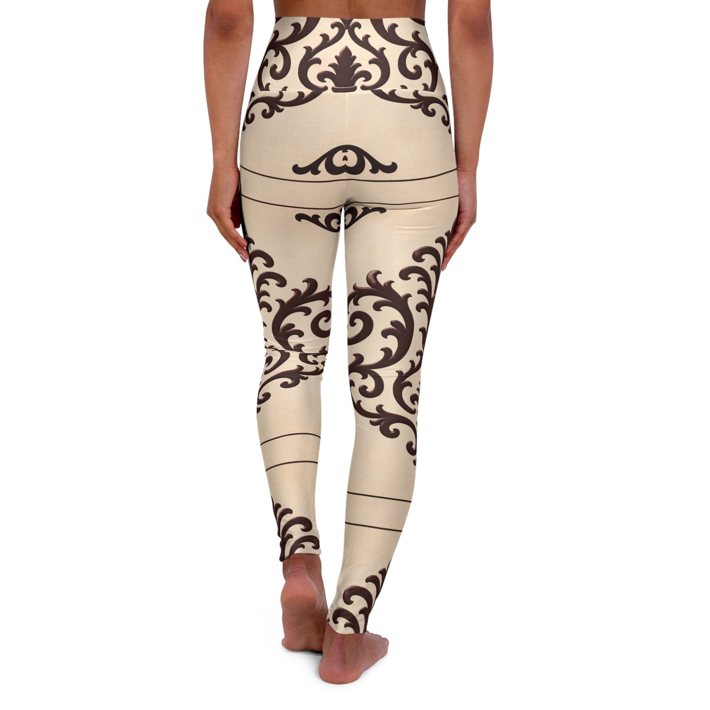Almond-Beige & Brown Baroque High-Waisted Yoga Leggings — Elegant Scroll Pattern Activewear